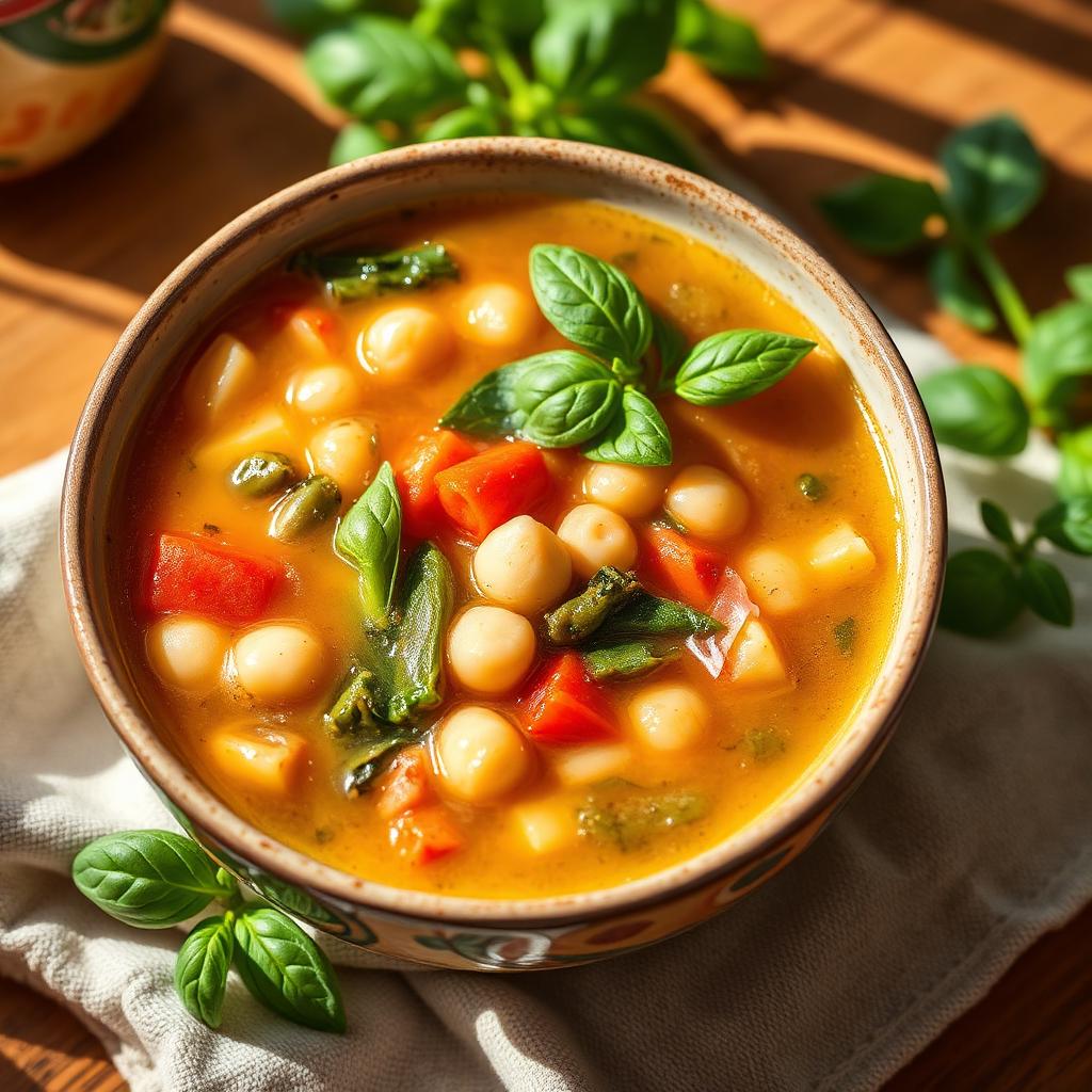 Bol de minestrone aux légumes, haricots blancs et basilic frais
