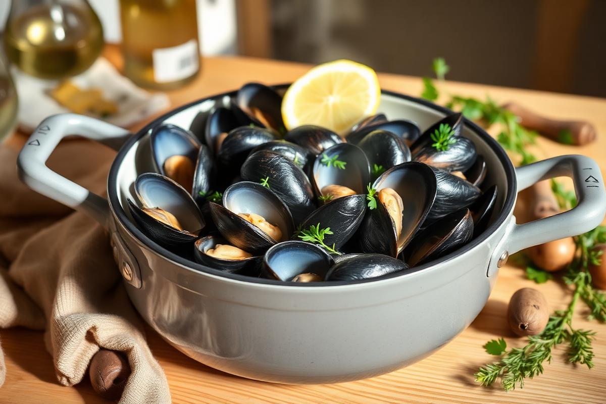 Grande casserole de moules noires ouvertes au vin blanc, persil frais et quartier de citron