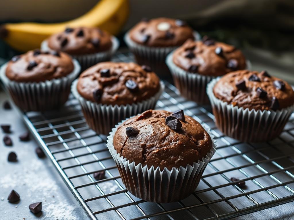 Muffins healthy banane-chocolat sur une grille de refroidissement