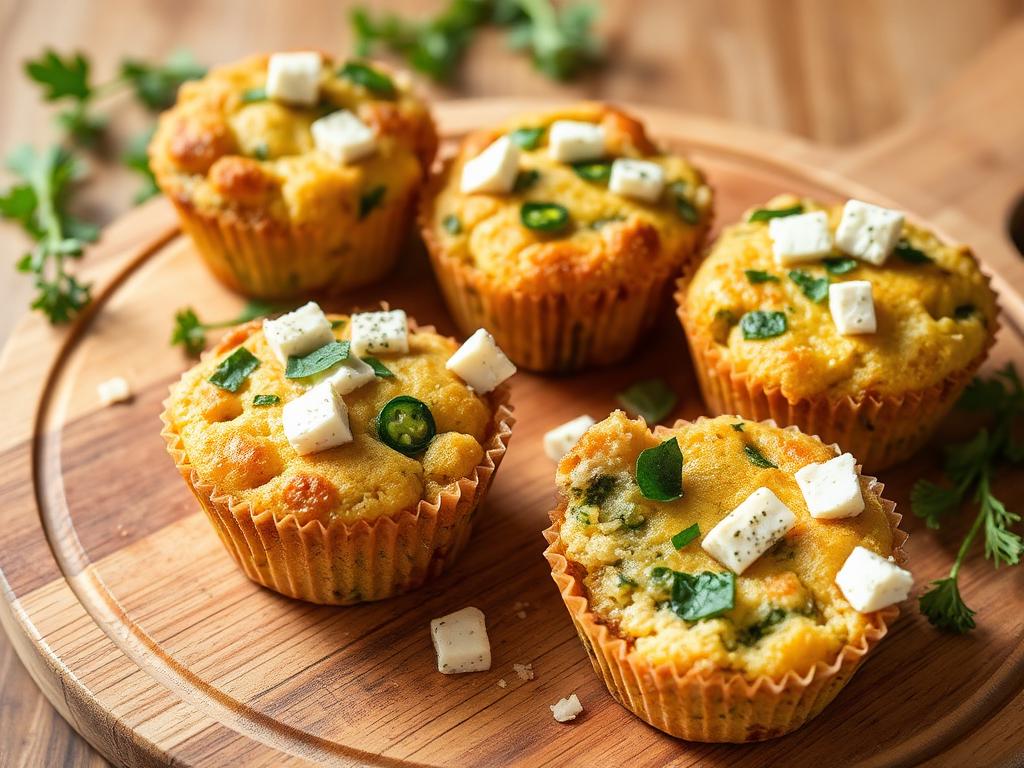 Muffins healthy salés aux épinards et à la feta sur une planche