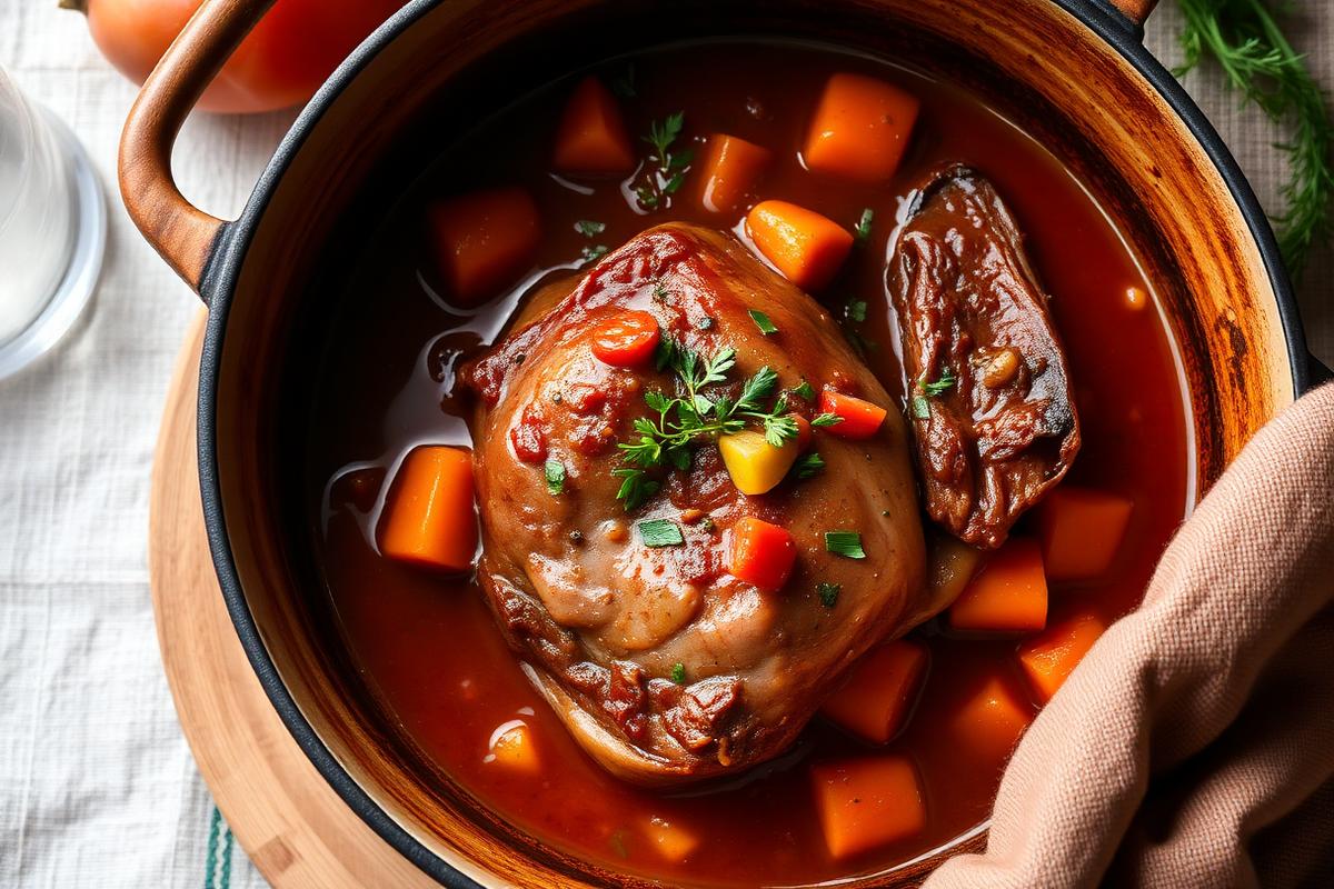 Tranche de jarret de veau mijotée en cocotte avec carottes, sauce tomate et persil