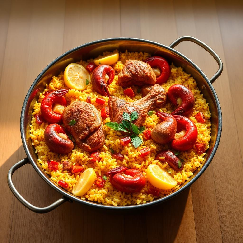 Paella allégée au riz complet avec poulet, crevettes et poivrons dans une cocotte
