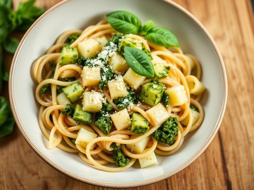 Bol de pâtes complètes aux dés de courgette et pesto de basilic maison