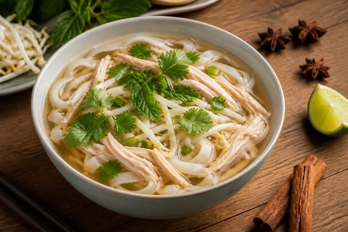 Bol de pho au poulet effiloché, nouilles de riz, pousses de soja, coriandre et citron vert