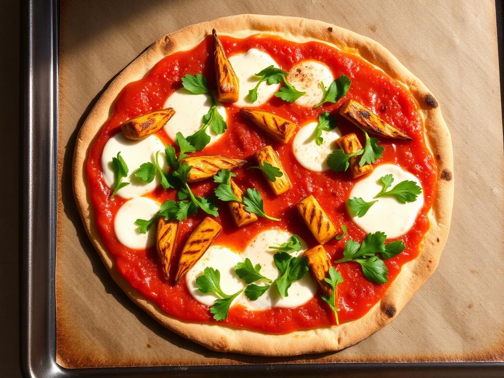 Pizza maison à pâte complète garnie de sauce tomate, mozzarella et légumes grillés