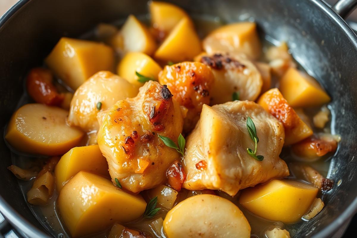 Poêlée de foies de volaille dorés avec quartiers de pommes caramélisées et thym frais