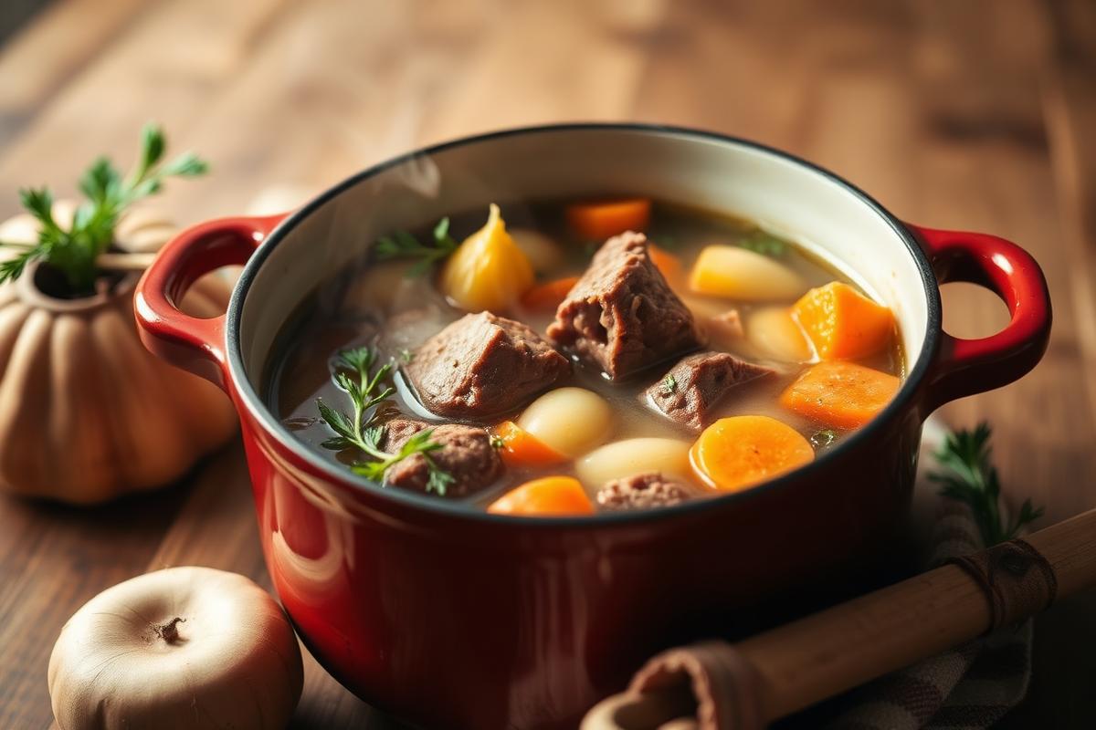 Cocotte rouge de pot-au-feu, morceaux de bœuf, carottes et navets dans un bouillon clair