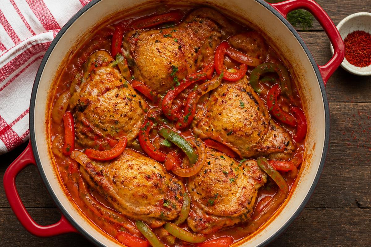 Cocotte de poulet basquaise, hauts de cuisse dorés, poivrons rouges et verts en sauce tomate