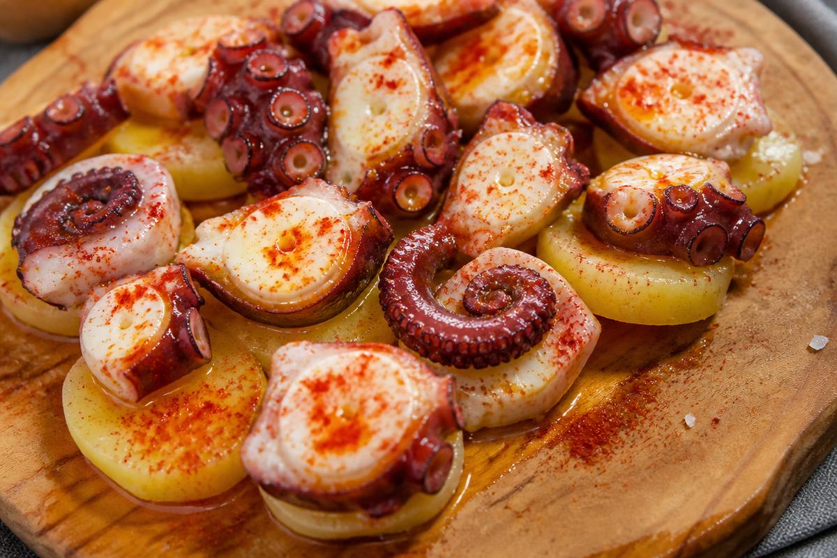 Tranches de tentacules de poulpe sur rondelles de pommes de terre saupoudrées de paprika fumé