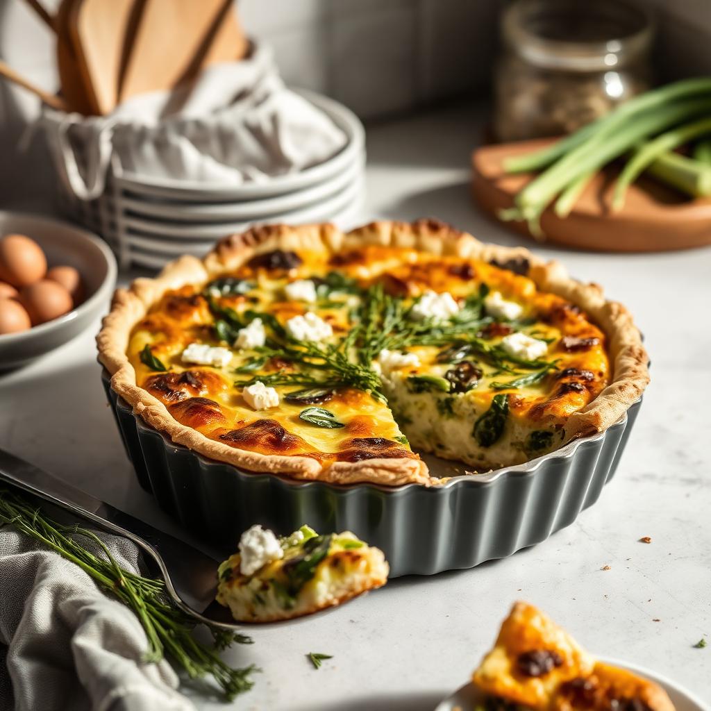 Quiche sans pâte aux épinards et feta dans son moule, une part servie
