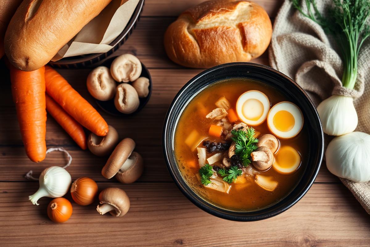 Bol de ramen au bouillon miso avec nouilles, champignons, carottes et œuf mollet coupé
