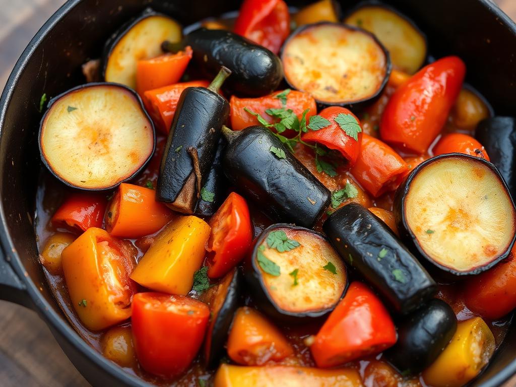 Ratatouille de courgettes, aubergines, poivrons et tomates mijotée en cocotte
