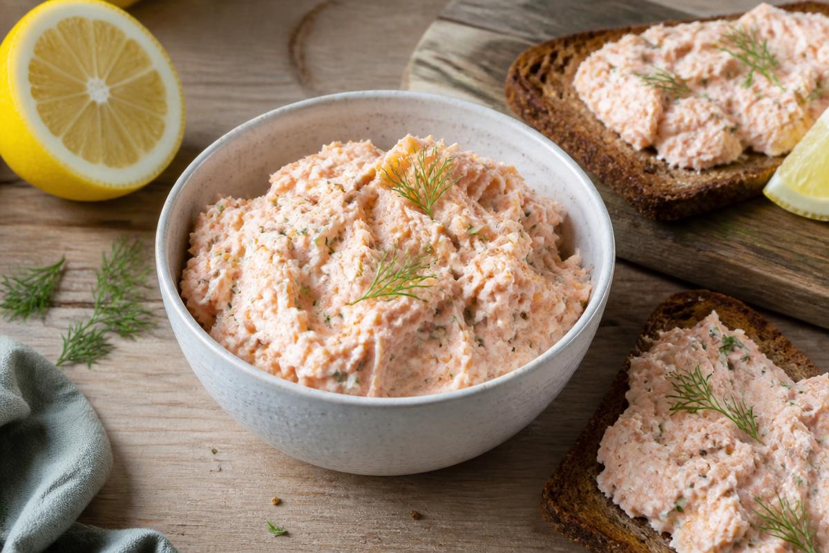 Bol de rillettes de saumon crémeuses à l'aneth avec tartines de pain complet grillé et citron