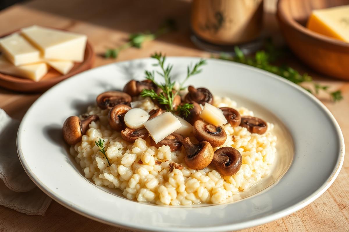 Risotto crémeux aux champignons de Paris dorés, copeaux de parmesan et thym dans une assiette creuse