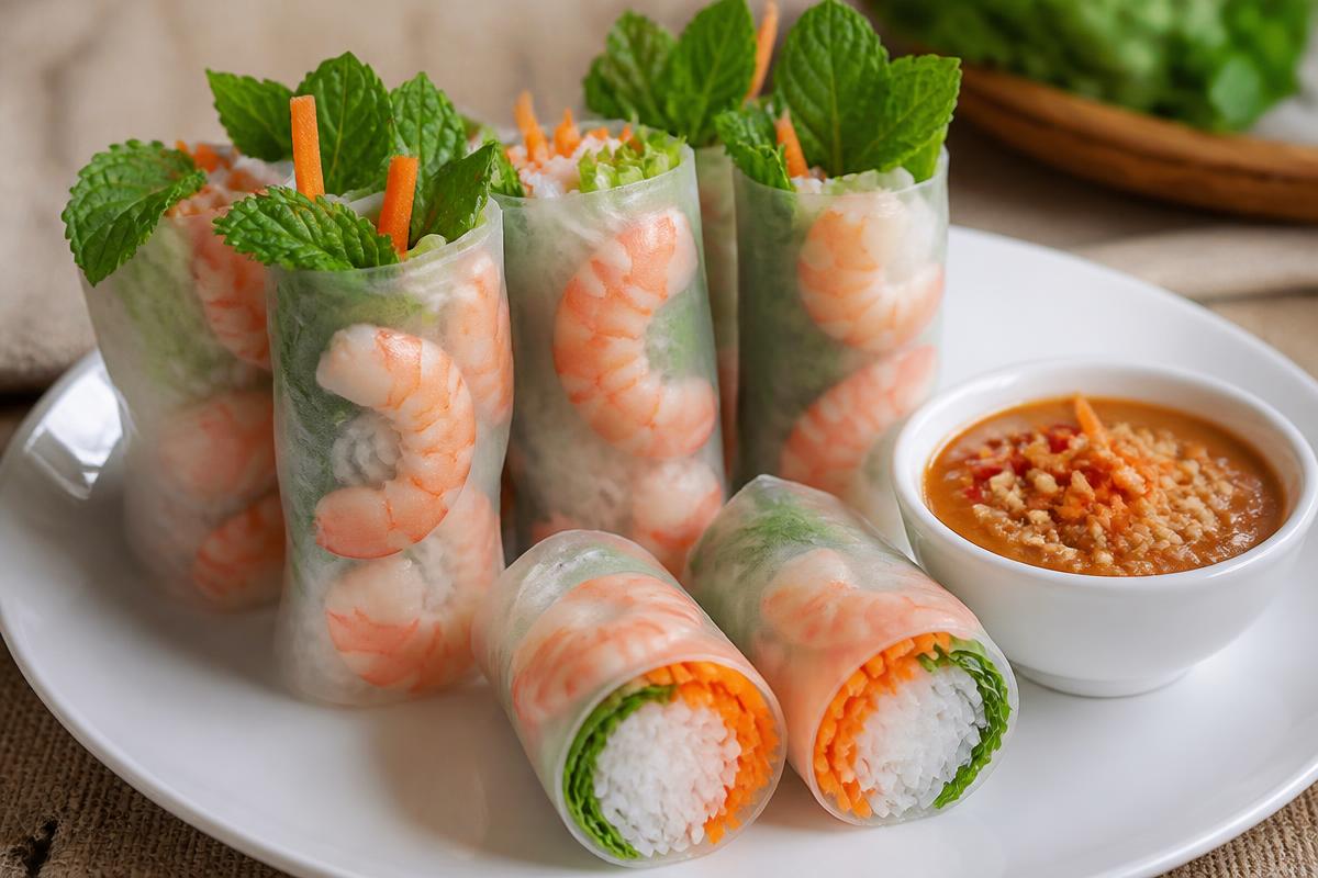 Rouleaux de printemps translucides aux crevettes roses, vermicelles et menthe, sauce cacahuète