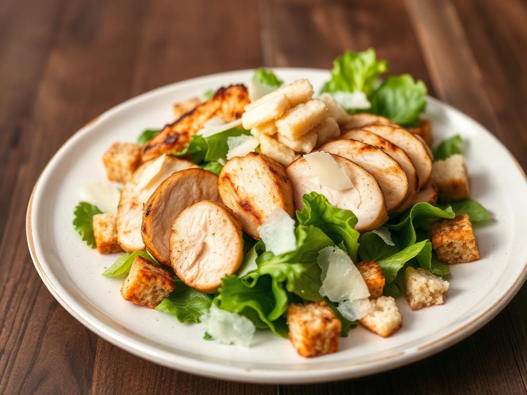 Salade César revisitée avec poulet grillé, laitue romaine, parmesan et croûtons complets