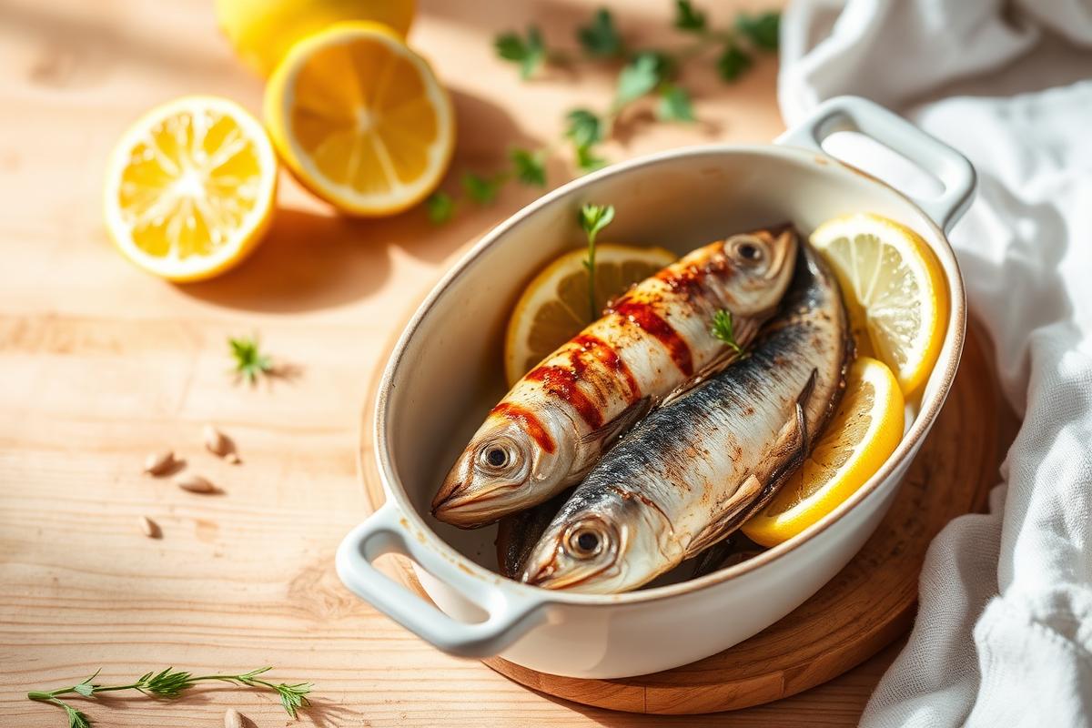 Sardines fraîches grillées dorées dans un plat ovale avec rondelles de citron et persil