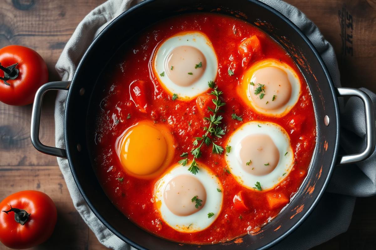 Poêle de shakshuka, œufs pochés dans une sauce tomate rouge avec poivrons et persil