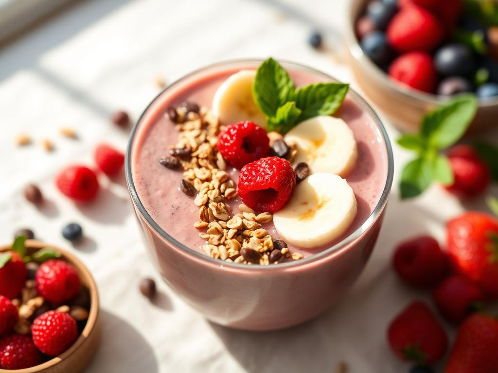Smoothie bowl banane et fruits rouges garni de granola, graines et fruits frais
