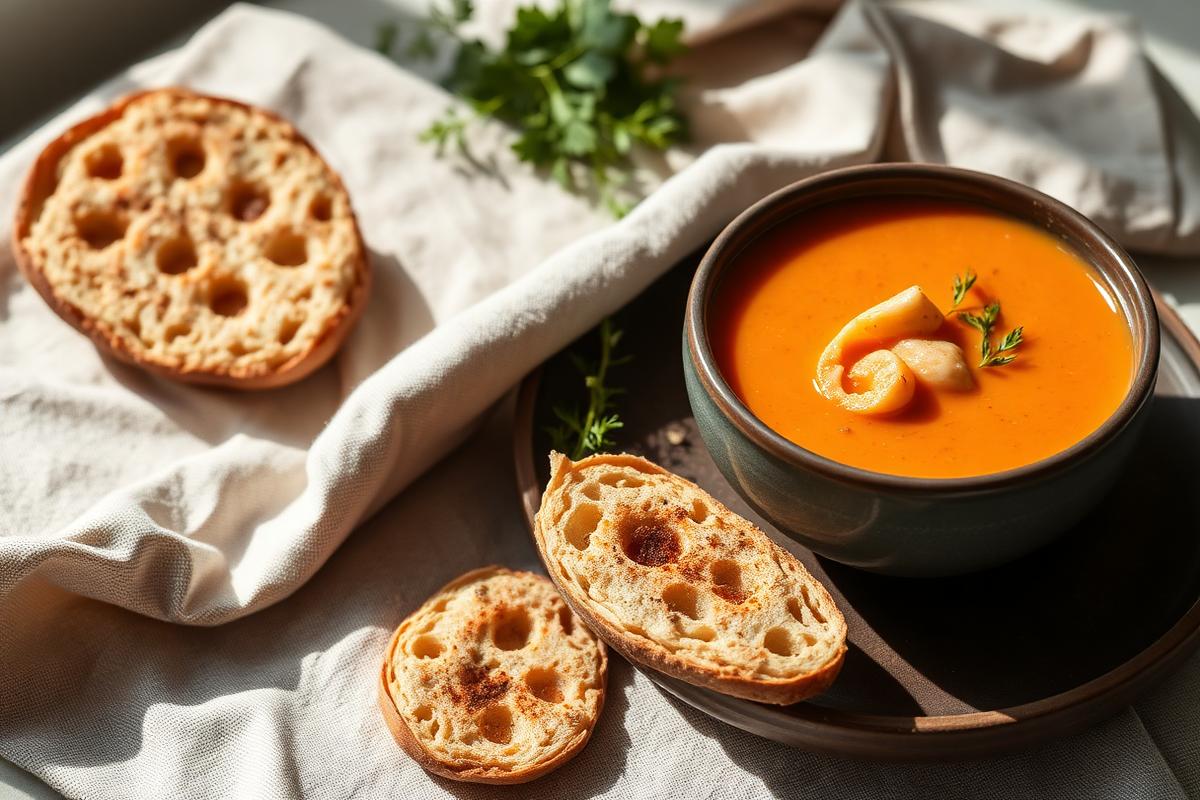 Bol de soupe de poisson orangée fumante avec croûtons de pain complet et rouille claire au safran