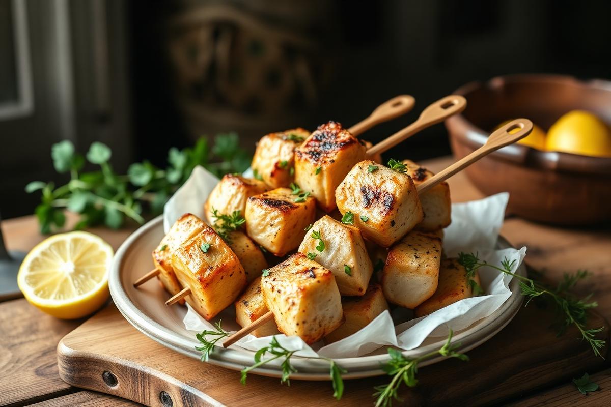 Brochettes d'agneau grillées dorées sur un plat, demi-citron et herbes fraîches autour