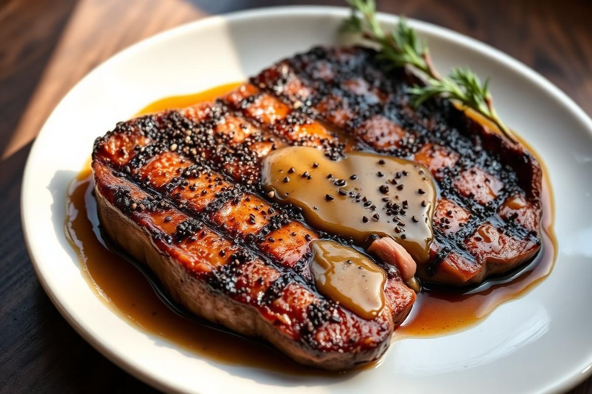 Steak de bœuf grillé tranché nappé d'une sauce claire aux grains de poivre concassés