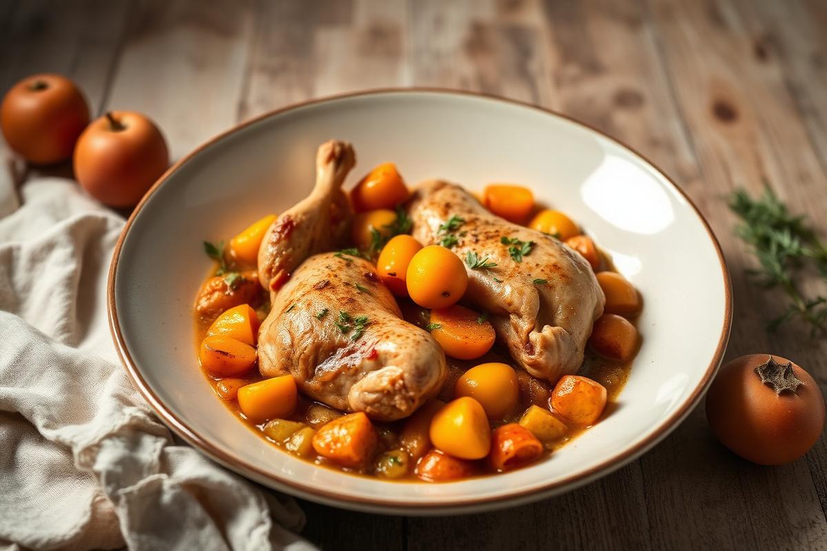Tajine de poulet doré aux abricots secs orangés dans un plat en terre cuite, coriandre