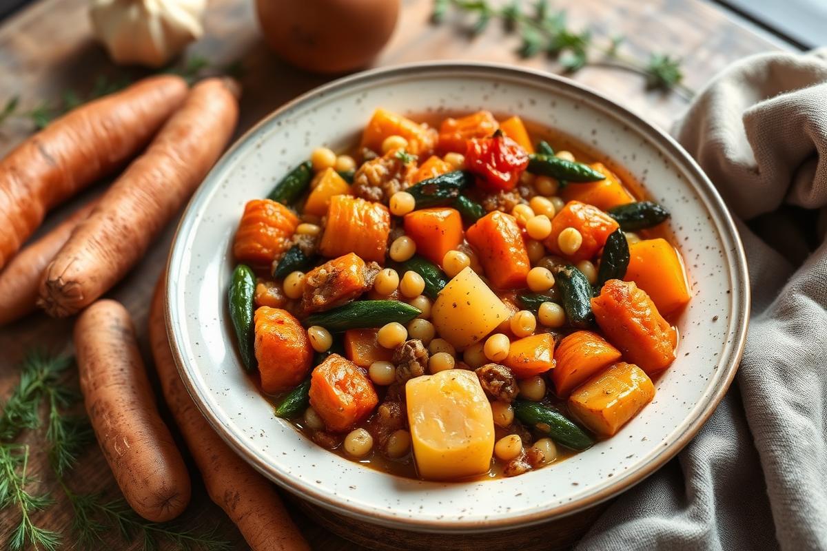 Assiette de tajine végétarien, patate douce, carottes et pois chiches dans un jus épicé
