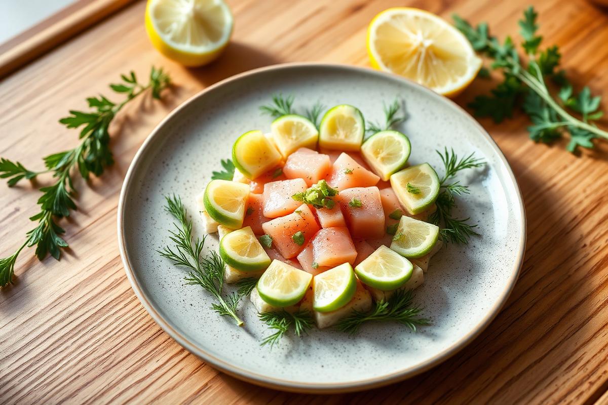 Tartare de saumon en dés avec avocat, rondelles de citron vert et ciboulette sur assiette