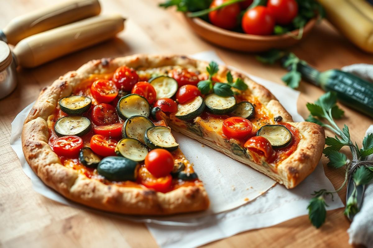 Tarte salée à pâte complète dorée, courgettes rôties et tomates cerises, une part coupée