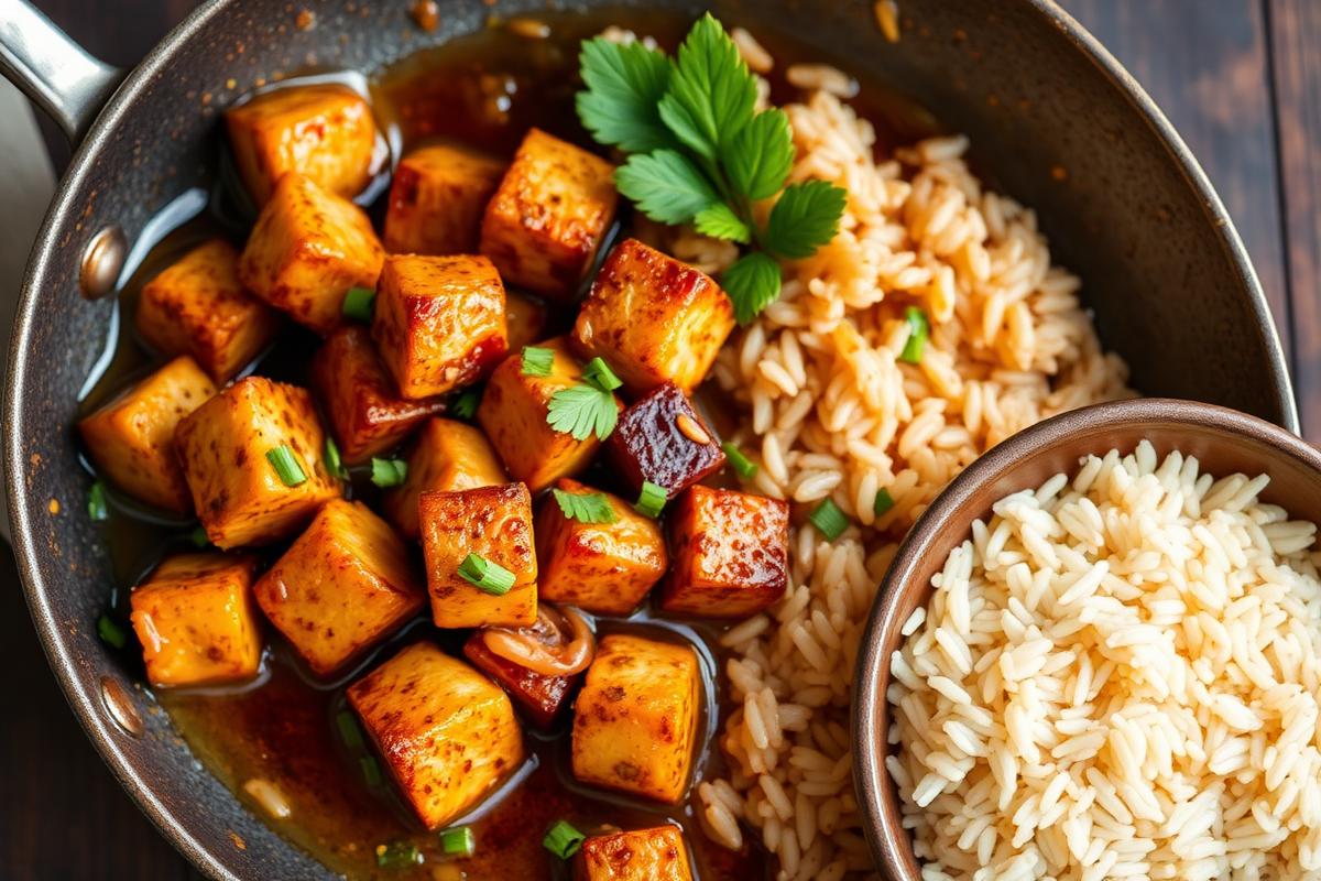 Cubes de tempeh dorés laqués de sauce soja dans une poêle, oignons nouveaux et riz complet