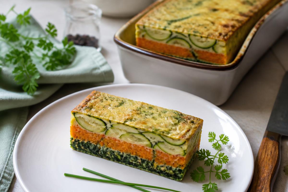 Tranche de terrine de légumes aux couches nettes de courgette, carotte et épinards sur assiette