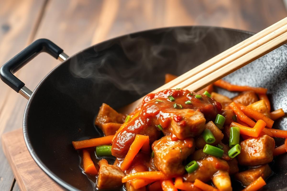 Lanières de bœuf laquées teriyaki sautées au wok avec poivrons, carottes et pousses de soja
