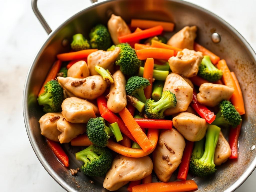 Wok de poulet et légumes croquants : poivron, carotte et brocolis